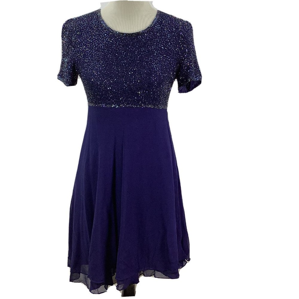 LAWRENCE KAZAR Blue Cocktail Dress Women's Size S vintage 90's Silk Chiffon Bead